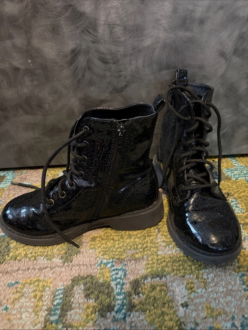 wonder nation Black Glitter Lace-Up Combat Boots for Kids